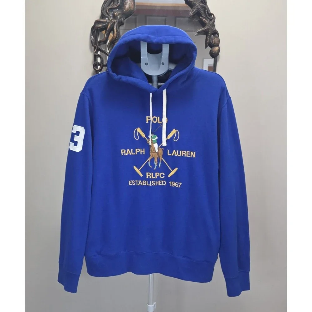 Polo Ralph Lauren Big Pony Crest Fleece Hoodie Mens L Blue Embroidered #3